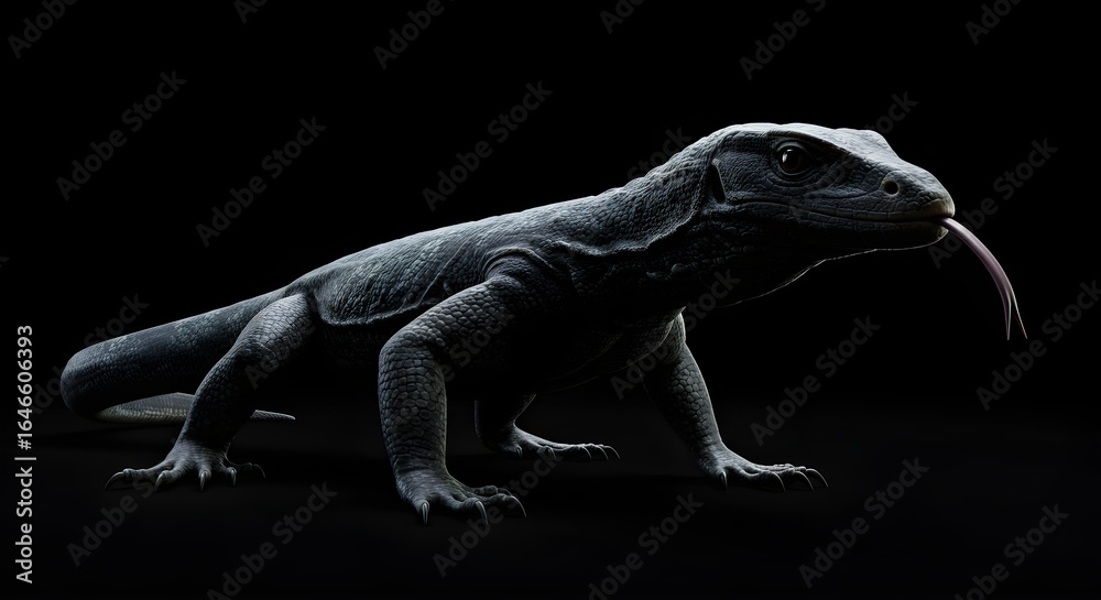 Obraz premium Dramatic Low Key Komodo Dragon with Tongue Out Reptile Portrait