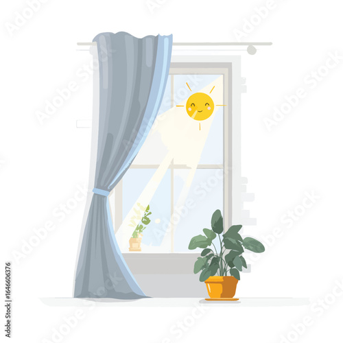 Cheerful Sun Shining Through Window with Curtains and Potted Plants