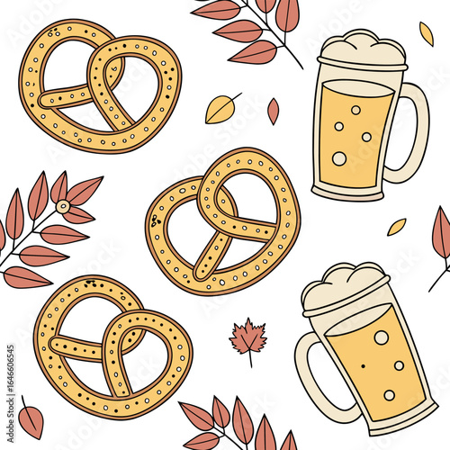 Seamless pattern with pretzels, beer mugs, and autumn leaves scattered on a white background surface design