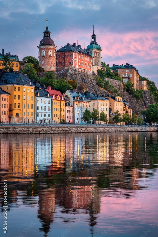 Colorful European cityscape reflected in a calm river at sunset Colorful European cityscape reflected in a calm river at sunset