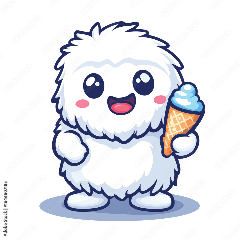 Obraz premium Cheerful Yeti Character Holding Ice Cream Cone with Delightful Expression
