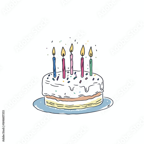 Colorful Birthday Cake with Lit Candles and Festive Sprinkles HandDrawn Style