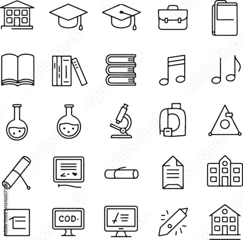 School building graduation cap briefcase book flask microscope music notes diploma computer