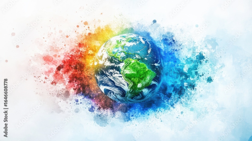 Fototapeta premium Planet Earth surrounded by colorful watercolor paint splatters