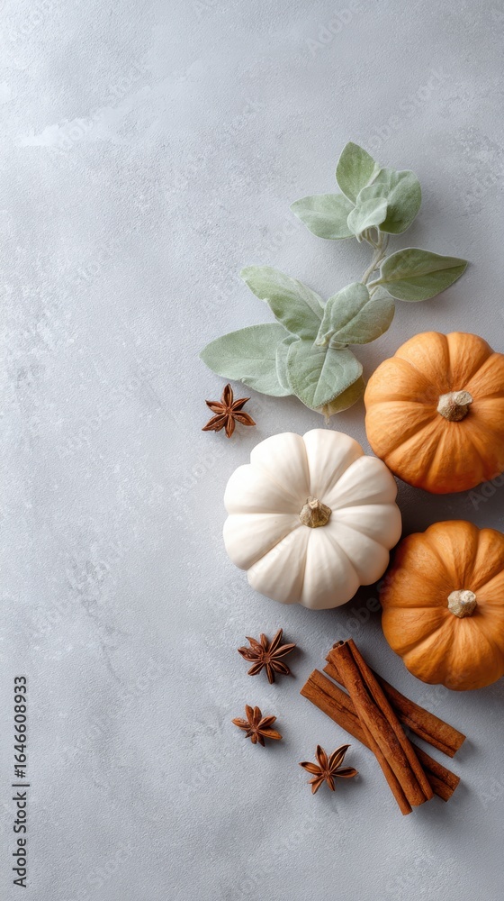 Fototapeta premium Colorful pumpkins and spices arranged on a gray surface for autumn decorations and seasonal recipes