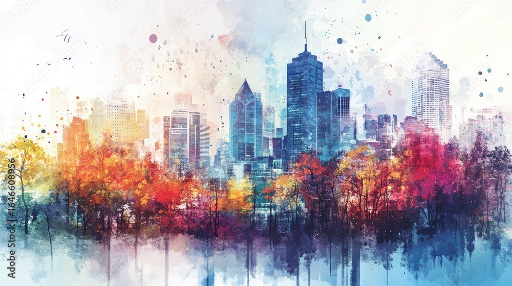 Obraz premium Serene autumn cityscape with colorful buildings and trees