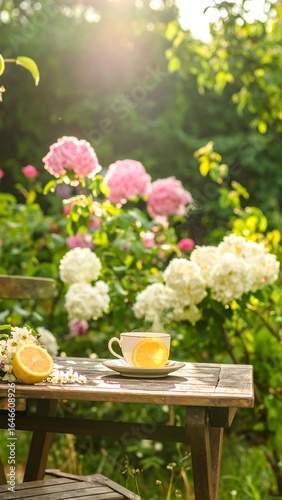 Garden tea scene with flowers