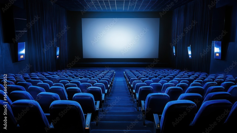 Fototapeta premium Empty Cinema Theater, Blue Seats, Big Screen