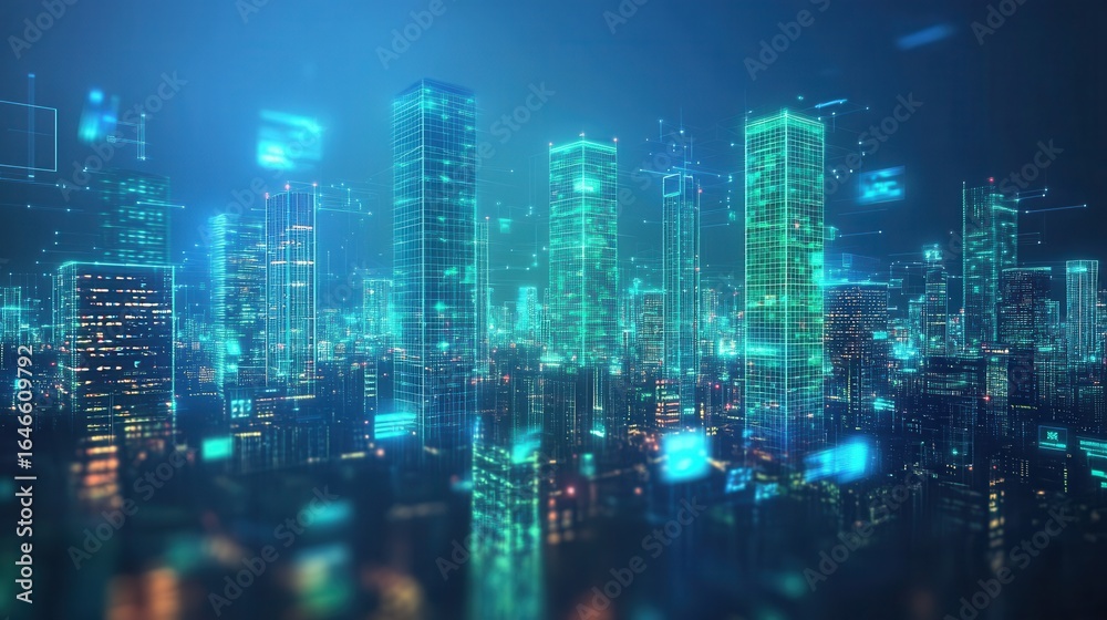 Illuminated cityscape at night with digital data overlay Illuminated cityscape at night with digital data overlay