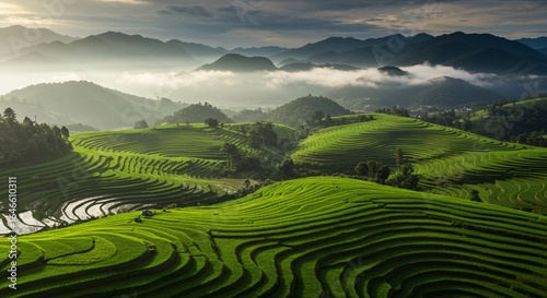 Lush green rice terraces set against misty mountain landscapes.