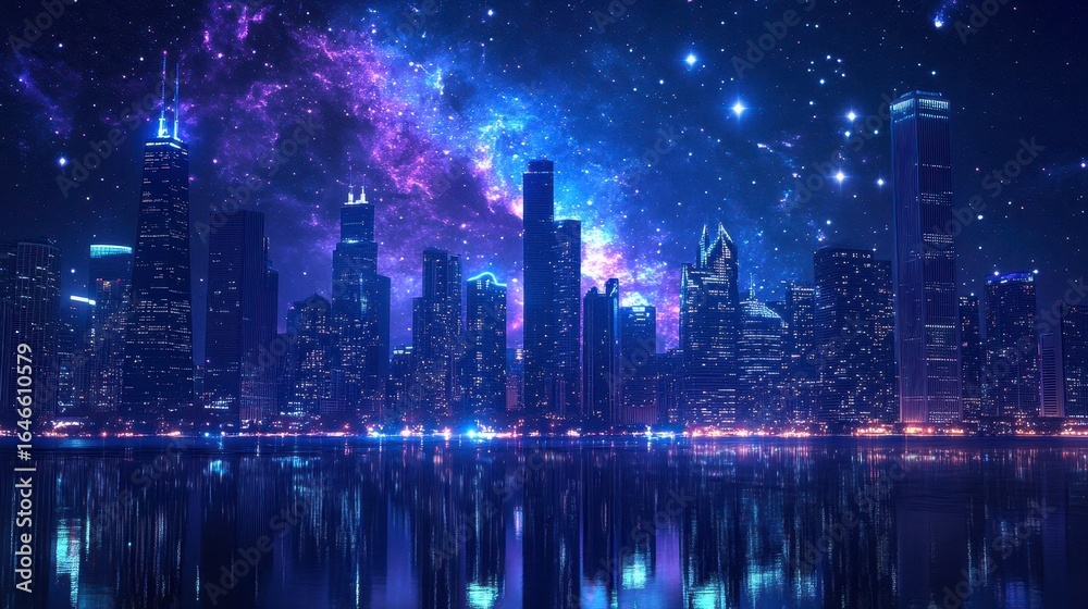 Obraz premium Enchanting Cityscape Under a Stunning Cosmic Night Sky
