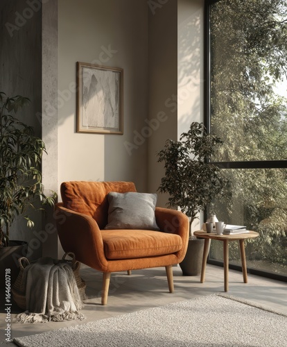 Minimalist home interior design of modern living room. Serene reading corner with orange armchair, small side table and lush green plant. The natural light highlights soft rug and warm-toned wall.
