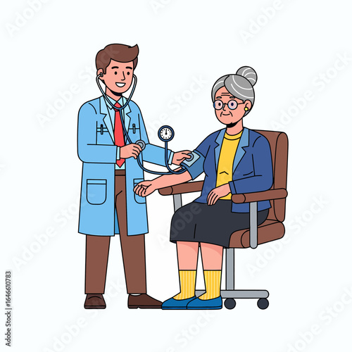 Male doctor measures blood pressure of an elderly female patient. Vector illustration.