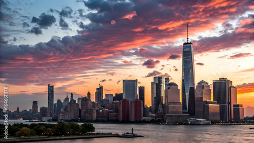 Dramatic Pink and Orange Sunset Sky Over New York City Skyline Featuring One World Trade Center and Numerous Skyscrapers Reflected in Calm Water