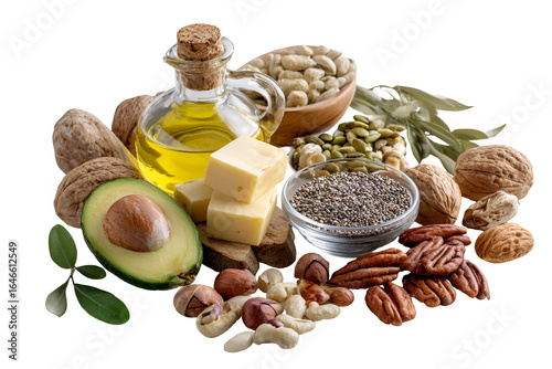 Healthy fats food assortment nuts seeds avocado oil butter