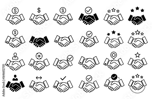 Sealing deals with an iconic handshake icon set for business success and partnership agreements