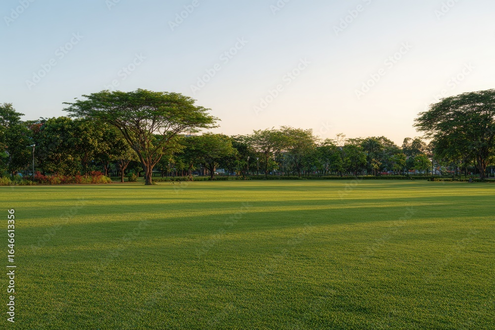 Fototapeta premium Lush green lawn with trees under a pale sky