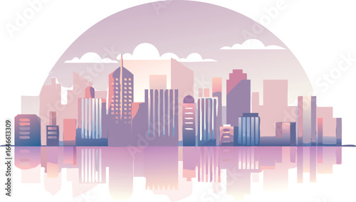 City skyline featuring various buildings with a body of water in the background under a clear blue sky.