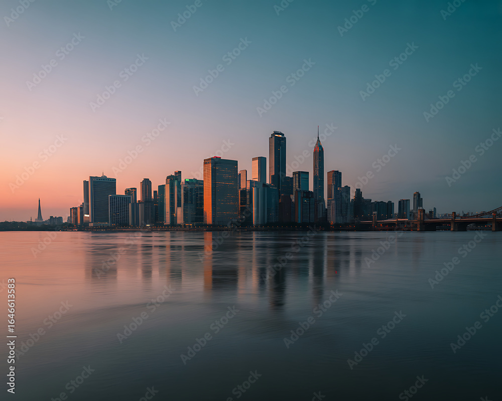 Fototapeta premium City skyline at dusk with glowing buildings and water reflection