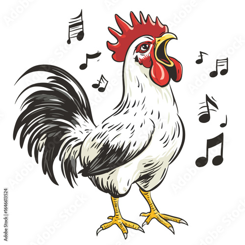 Crowing Rooster with Musical Notes A Vocal Performance in Black and White