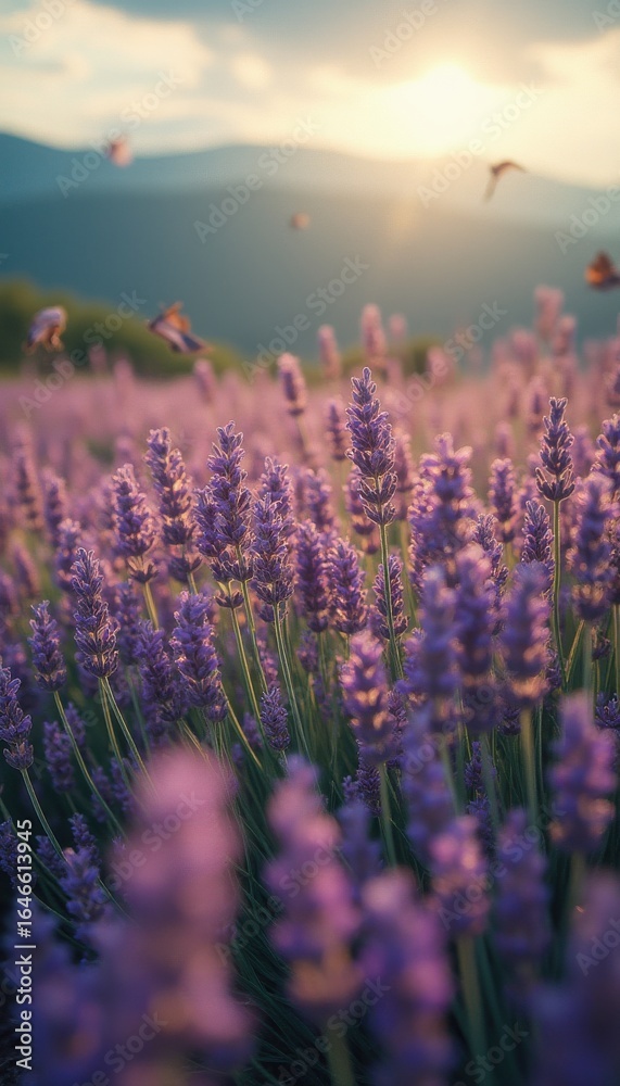 Naklejka premium Lavender flowers and butterflies in serene sunset field