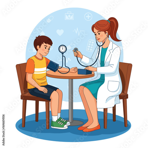 Female doctor checking boy's blood pressure, pediatric medical cartoon illustration set
