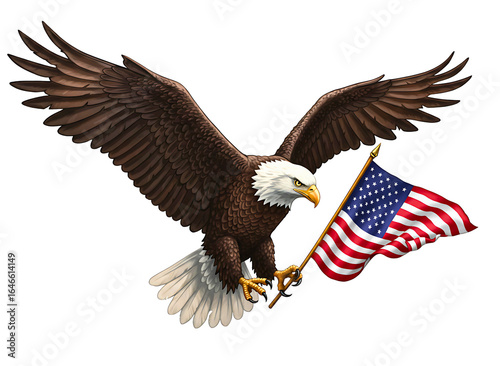 Majestic bald eagle soaring with american flag isolated on transparent background