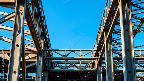 Industrial steel structure with geometric patterns, highlighting construction progress under clear skies.