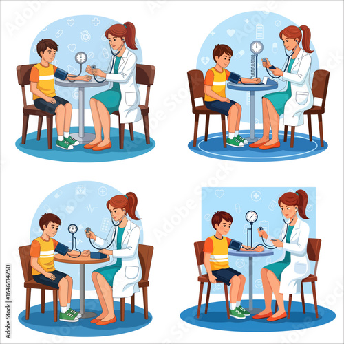 Female doctor checking boy's blood pressure, pediatric medical cartoon illustration set