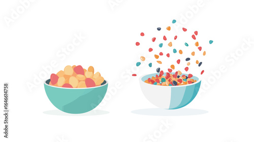Bowl of cereal illustration vector graphic design, colorful breakfast food with milk, spoon, and crunchy flakes, healthy morning meal concept for packaging, posters, and digital artwork.