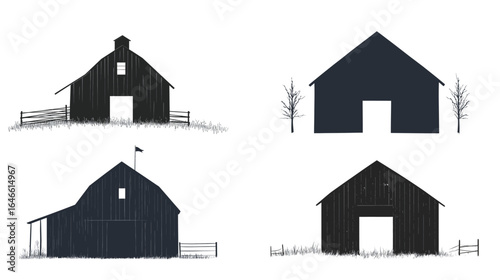 Barn silhouette icon, clean black vector design on white background, featuring simple farm building shape with roof and doors, perfect for agriculture symbols, rural lifestyle graphics, 