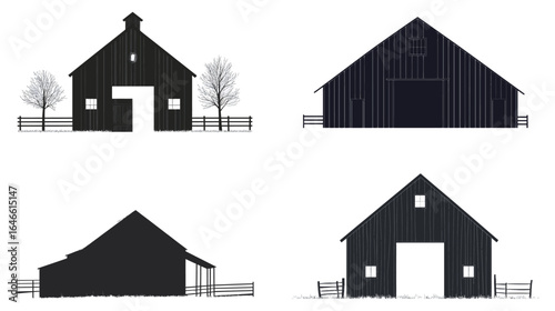 Barn silhouette icon, clean black vector design on white background, featuring simple farm building shape with roof and doors, perfect for agriculture symbols, rural lifestyle graphics, 