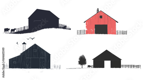 Barn silhouette icon, clean black vector design on white background, featuring simple farm building shape with roof and doors, perfect for agriculture symbols, rural lifestyle graphics, 