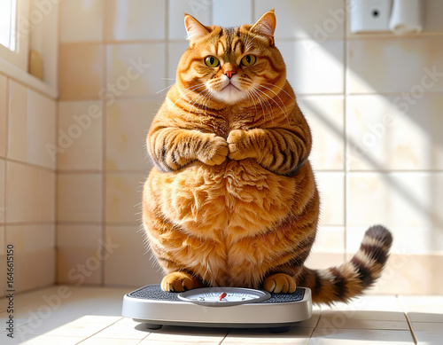 Very Chubby Cat Standing on a Bathroom Scale, Worried Expression