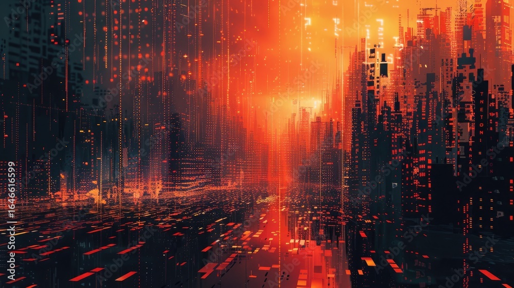 Fototapeta premium Abstract picture orange particle with digital technology style design with the coding data flow show dynamic movement represent about programming by programmer or problem solve by encryption. AIG53.