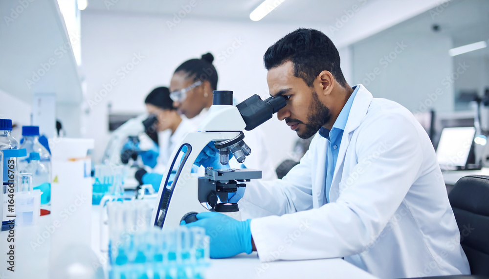 Male scientist in laboratory wearing blue gloves and white coat looking into microscope Male scientist in laboratory wearing blue gloves and white coat looking into microscope