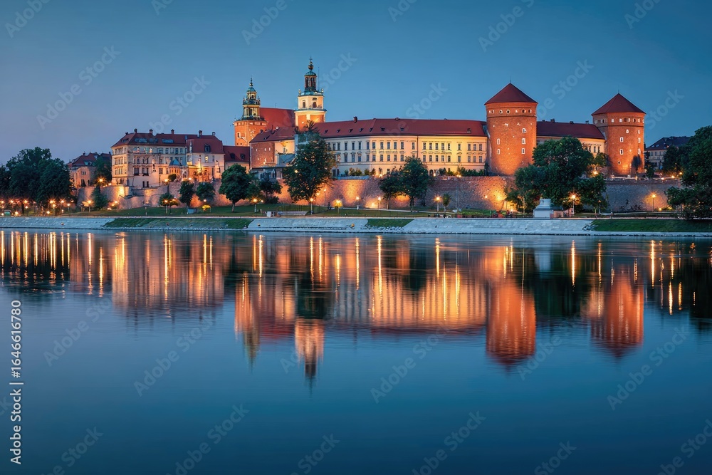 Obraz premium Palace reflected in tranquil river at twilight