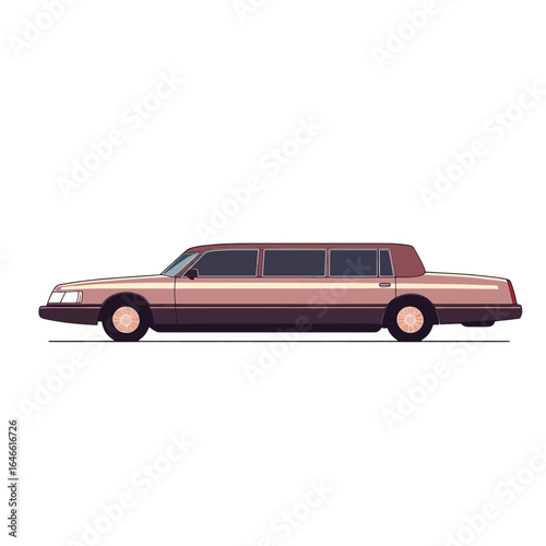 Extended rosecolored limousine with dark tinted windows viewed from the side