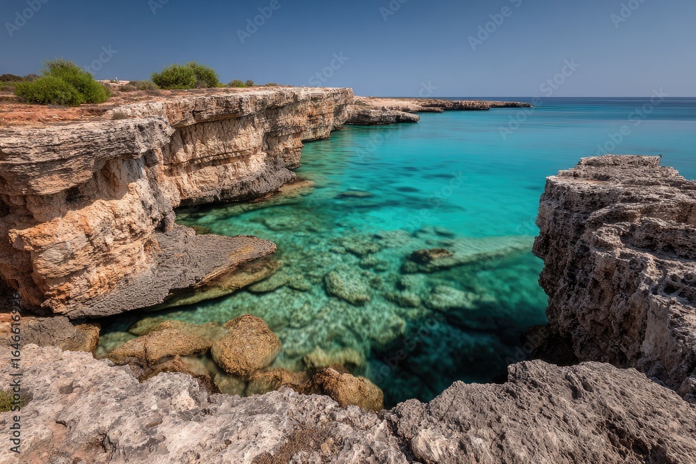 Turquoise cove, rocky cliffs, clear water Turquoise cove, rocky cliffs, clear water