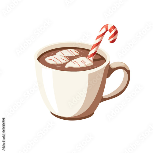 Festive hot chocolate with melting marshmallows and a candy cane garnish