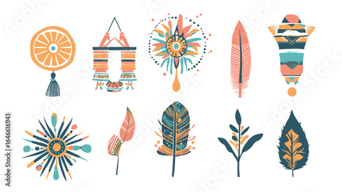 Bohemian icon elements vector graphic design, hand-drawn decorative symbols with tribal, mystical, and nature-inspired motifs, perfect for posters, textiles, logos, tattoos, and digital artwork.
