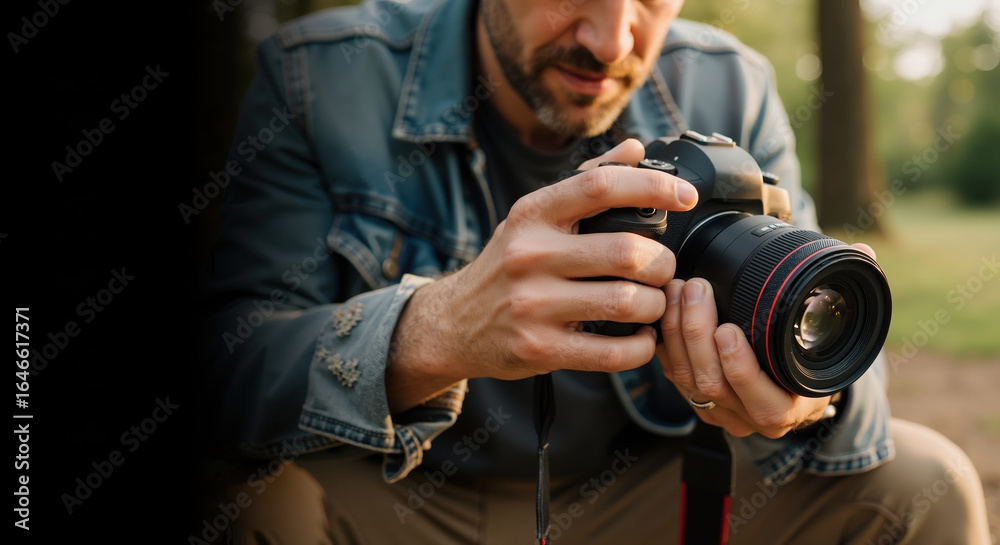 Obraz premium Photographer adjusts settings on a DSLR in golden outdoor light, sturdy lens and steady grip; mood of exploration, storytelling and craft