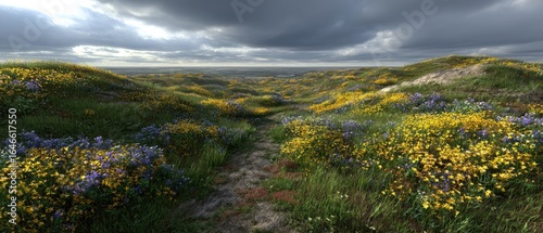 A landscape of rolling hills blanketed in vibrant wildflowers, with a trail winding through the colorful expanse. Dramatic sky with storm clouds overhead
