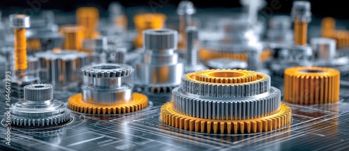 Detailed view of various metallic gears and mechanical components