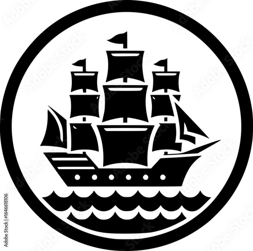 Minimalist black and white vector icon of a ship, clean lines, isolated on white, perfect for stickers, logos, scalable and clear at small sizes.