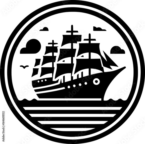 Minimalist black and white vector icon of a ship, clean lines, isolated on white, perfect for stickers, logos, scalable and clear at small sizes.