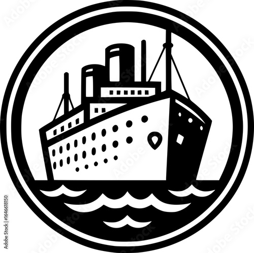 Minimalist black and white vector icon of a ship, clean lines, isolated on white, perfect for stickers, logos, scalable and clear at small sizes.