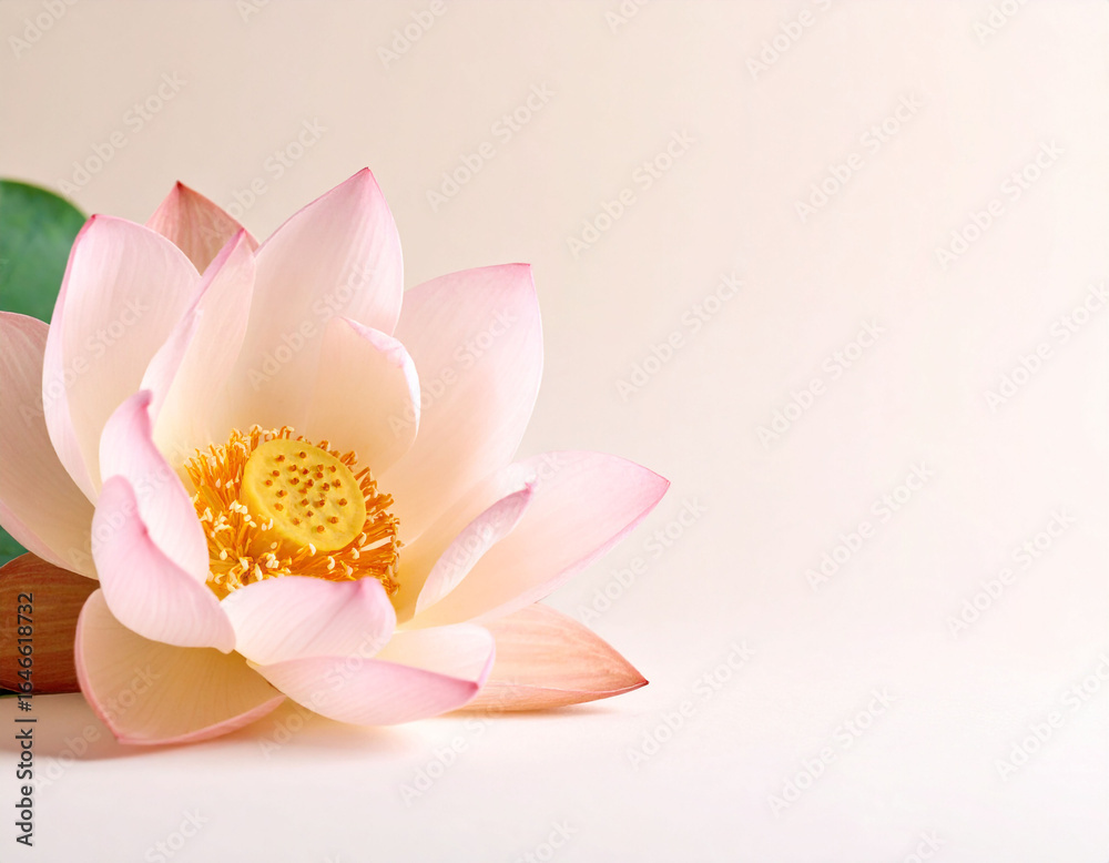 Obraz premium close-up photograph showcases a delicate pink lotus flower in bloom. The soft petals gently unfurl, revealing a vibrant yellow center. The smooth, light beige background emphasizes the flower's serene