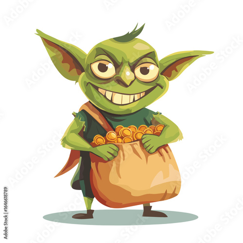 Grinning Green Goblin with Pointed Ears Holding a Sack Overflowing with Gold Coins