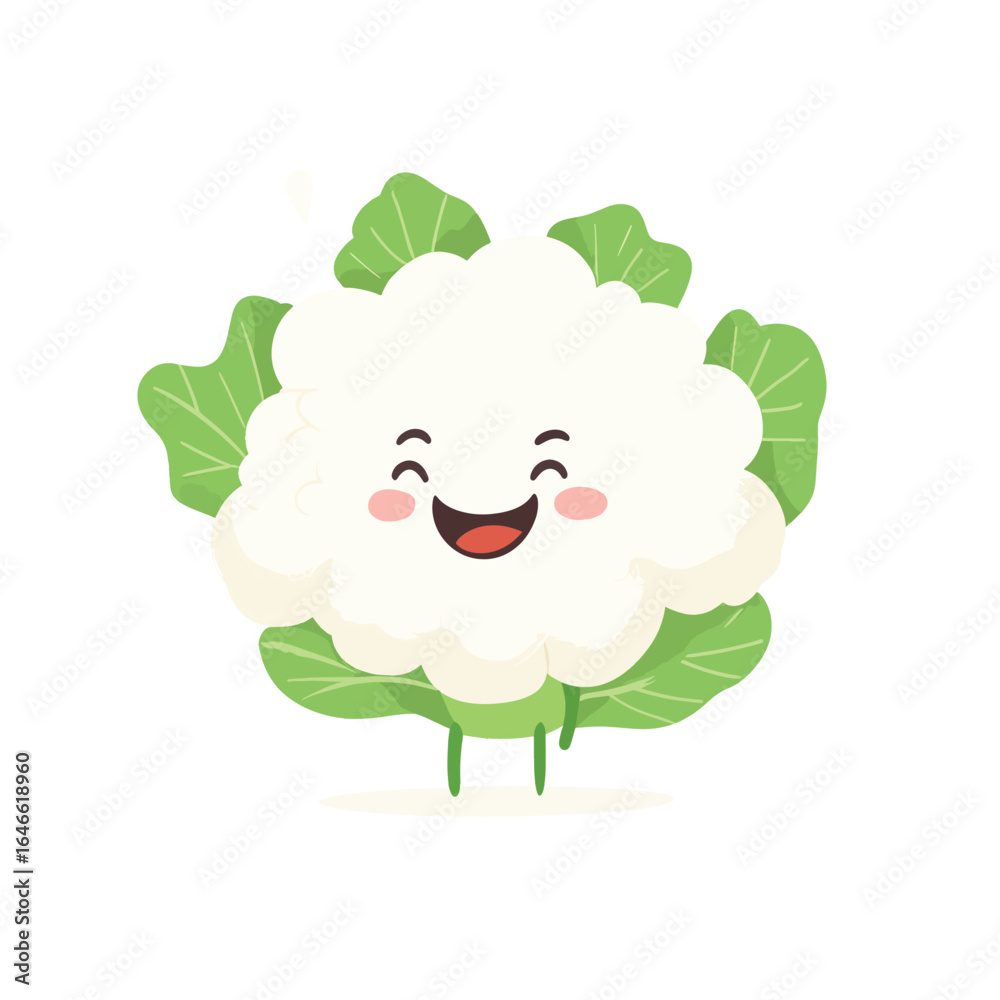 Obraz premium Happy Cartoon Cauliflower Character with Green Leaves and Tiny Legs